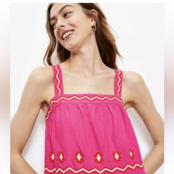 Loft women’s square neck, embroidered pink Cami top linen mix sz SP preloved - Picture 2 of 9